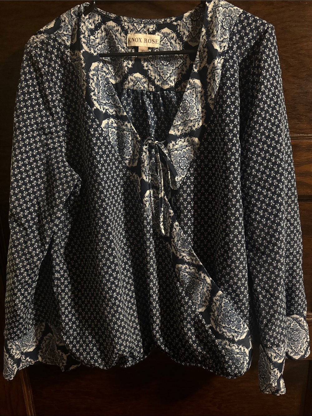 Knox Rose Navy and White Printed Tie-Front Blouse
